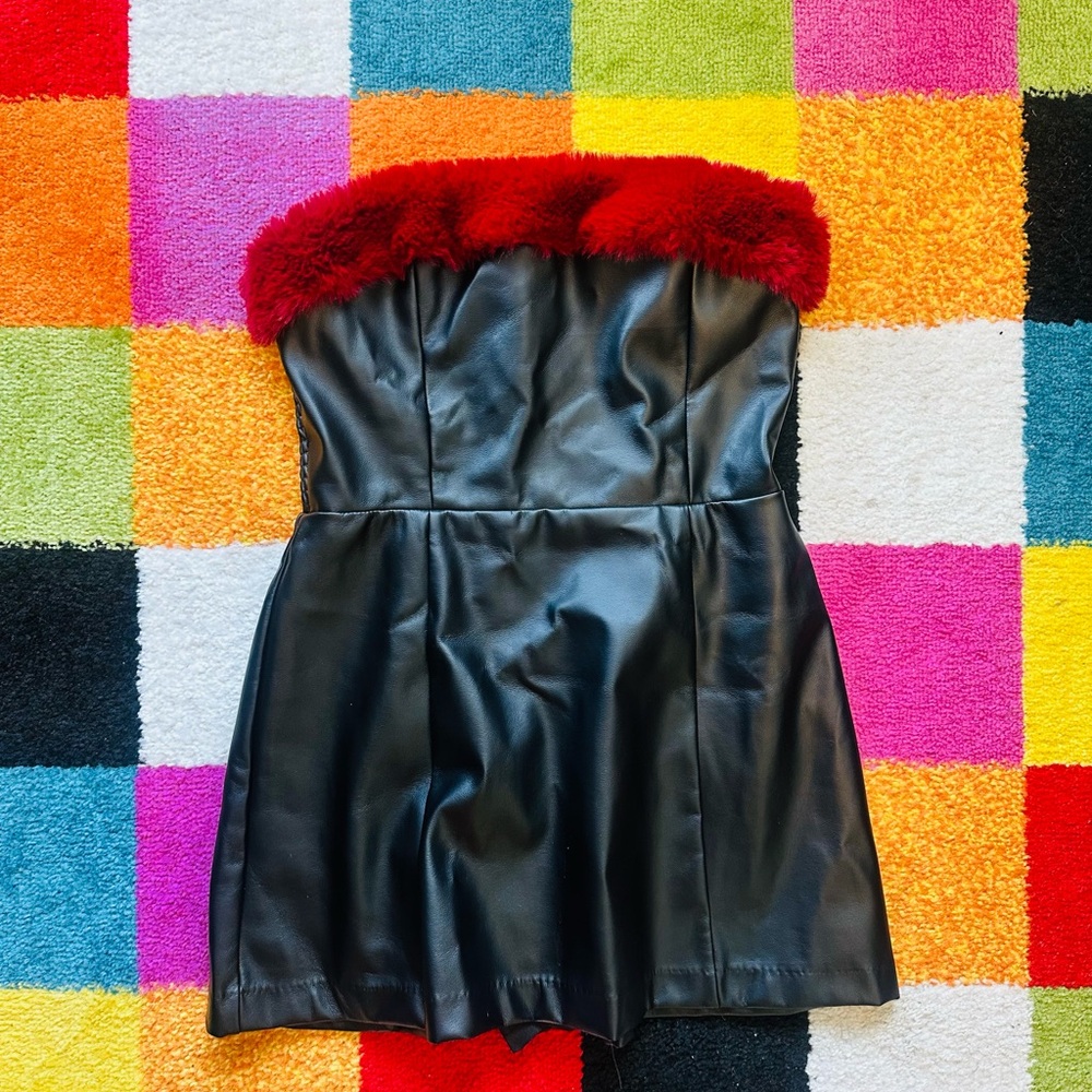 Black Strapless Dress with Red Fur Trim